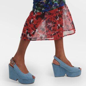 Clergerie Dylan Blue Denim Platform Wedge Peep Toe Slingback Heels 39 US/8.5